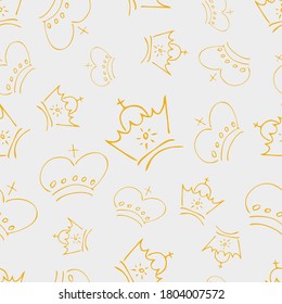 Hand drawn crowns. Seamless pattern of simple graffiti sketch queen or king crowns. Royal imperial coronation and monarch symbols. Vector illustration.