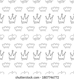 Hand drawn crowns. Seamless pattern of simple graffiti sketch queen or king crowns. Royal imperial coronation and monarch symbols. Vector illustration.