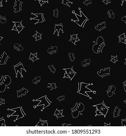 Hand drawn crowns. Seamless pattern of simple graffiti sketch queen or king crowns. Royal imperial coronation and monarch symbols. Vector illustration.