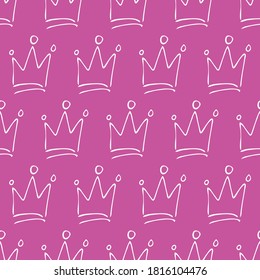Hand drawn crowns. Seamless pattern of simple graffiti sketch queen or king crowns. Royal imperial coronation and monarch symbols. Vector illustration.