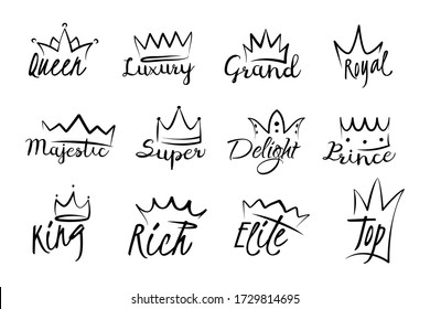 Hand drawn crowns set. Calligraphic lettering, text, word, sketches. Can be used for graffiti, typographic templates, greeting cards design