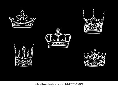 Hand drawn crowns set. Doodle crown icon vector illustration. White colour crown.