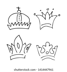 Hand drawn crowns. Set of four simple graffiti sketch queen or king crowns. Royal imperial coronation and monarch symbols. Black brush doodle isolated on white background. Vector illustration.