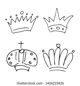Hand drawn crowns. Set of four simple graffiti sketch queen or king crowns. Royal imperial coronation and monarch symbols. Black brush doodle isolated on white background. Vector illustration.