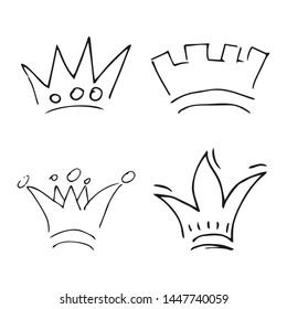 Hand drawn crowns. Set of four simple graffiti sketch queen or king crowns. Royal imperial coronation and monarch symbols. Black brush doodle isolated on white background. Vector illustration.