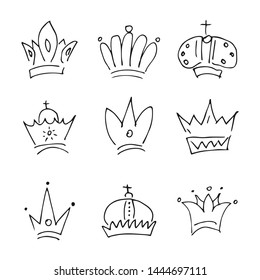 Hand drawn crowns. Set of nine simple graffiti sketch queen or king crowns. Royal imperial coronation and monarch symbols. Black brush doodle isolated on white background. Vector illustration.