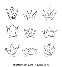 Hand drawn crowns. Set of nine simple graffiti sketch queen or king crowns. Royal imperial coronation and monarch symbols. Black brush doodle isolated on white background. Vector illustration.