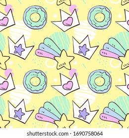 Hand drawn Crowns, starts and donuts, vector seamless pattern