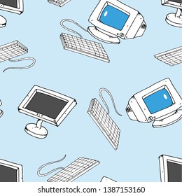 Hand drawn CRT monitor. Seamless pattern. Vector illustration of old and new monitors. Keyboard with an LCD monitor.