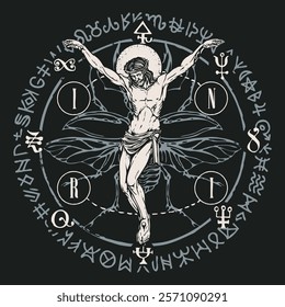 Hand drawn crucifixion of Jesus Christ with beetle wings, alchemical and masonic symbols. Abstract vector banner in retro style on religious theme with encrypted signs written in a circle