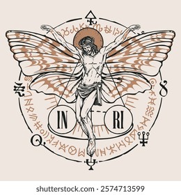 Hand drawn crucifixion of Jesus Christ with butterfly wings, alchemical and masonic symbols. Abstract vector banner in retro style on religious theme with encrypted signs written in a circle