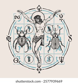  Hand drawn crucifixion of Jesus Christ with alchemical and masonic symbols and beetles. Vector banner in retro style on a religious theme with encrypted signs written in a circle. Suitable for t-shir