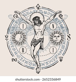 Hand drawn crucifixion of Jesus Christ with alchemical and masonic symbols and dragonfly wings. Vector retro banner on religious theme with encrypted signs written in a circle. T-shirt design. Tattoo.
