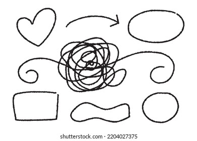 hand drawn from crumpled doodle sketch. Abstract doodle, vector illustration. love, square, circle, arrow.
