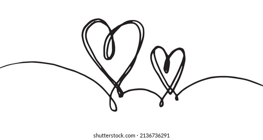 Hand drawn crumpled grunge heart doodles with thin lines, divider shape. Isolated on a white background. Vector illustration