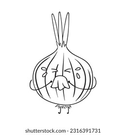 Hand drawn crying onion wipes its nose with tissue Mascot Character Vector illustration color children cartoon clipart