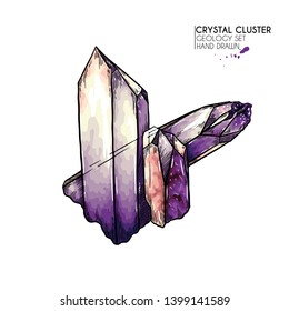 Hand drawn crystal cluster. Vector mineral illustration. Amethyst or quartz stone. Isolated natural gem. Geology set. Use for decoration, flyer, banner, halloween, wedding, witch stuff