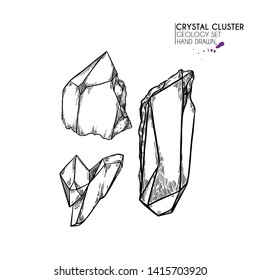 Hand drawn crystal cluster. Vector mineral illustration. Amethyst or quartz stone. Isolated natural gem. Geology set. Use for decoration, flyer, banner, halloween, wedding, witch stuff
