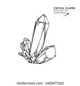 Clúster de cristal dibujado a mano. Ilustración mineral vectorial. Ametist o cuarzo. Gema natural aislado. Conjunto de geología. Utilícelo para decoración, volante, pancarta, halloween, boda, brujería
