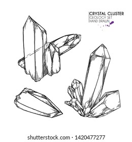 Hand drawn crystal cluster. Vector mineral illustration. Amethyst or quartz stone. Isolated natural gem. Geology set. Use for decoration, flyer, banner, halloween, wedding, witch stuff

