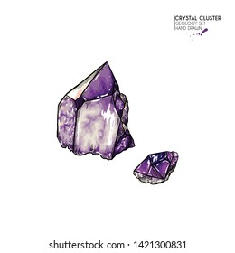 Hand drawn crystal cluster. Vector mineral illustration. Amethyst or quartz stone. Isolated natural gem. Geology set. Use for decoration, flyer, banner, halloween, wedding, witch stuff
