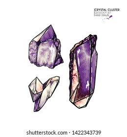 Hand drawn crystal cluster. Vector mineral illustration. Amethyst or quartz stone. Isolated natural gem. Geology set. Use for decoration, flyer, banner, halloween, wedding, witch stuff
