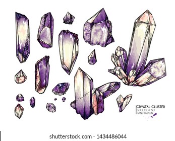 Hand drawn crystal cluster. Vector mineral illustration. Amethyst or quartz stone. Isolated natural gem. Geology set. Use for decoration, flyer, banner, halloween, wedding, witch stuff
