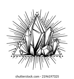 Hand drawn crystal gem over triangle with rays isolated on white. Geometric gemstone symbol in black and white. Vector illustration. Mystic magician symbol in outlines. Future telling, Halloween.