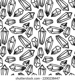 Hand Drawn Crystal Gem Seamless Pattern. Geometric Shiny Gemstone Symbol. Trendy Hipster Background, Fabric Design, Fashion Textiles. Black And White. Isolated Vector Illustration. 