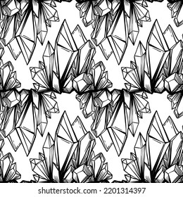 Hand Drawn Crystal Gem Seamless Pattern. Geometric Shiny Gemstone Symbol. Trendy Hipster Background, Fabric Design, Fashion Textiles. Black And White. Isolated Vector Illustration. 