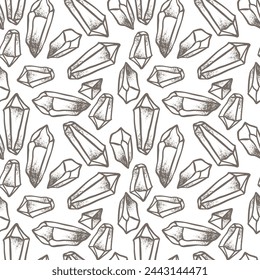 Hand drawn crystal gem seamless pattern. Geometric shiny gemstone symbol. Trendy hipster background, fabric design, fashion textiles. Brown and white. Isolated vector illustration. 