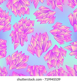 Hand drawn crystal gem seamless pattern. Geometric shiny gemstone symbol. Trendy hipster background, fabric design, fashion textiles. Colorful gradient. Isolated vector illustration. Pastel goth style