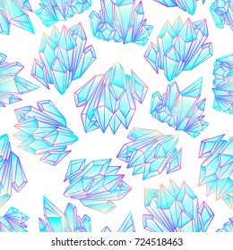 Hand drawn crystal gem seamless pattern. Geometric shiny gemstone symbol. Trendy hipster background, fabric design, fashion textiles. Colorful gradient. Isolated vector illustration. Pastel goth style
