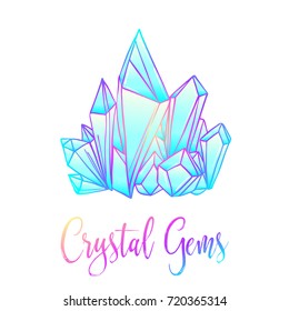 Hand drawn crystal gems. Geometric shiny gemstone symbol. Trendy hipster background, logotype, tattoo design element. Colorful gradient. Isolated vector illustration. Pastel goth colors.