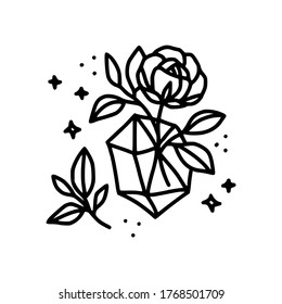 Hand drawn crystal, leaf, and rose flower element. Floral line art for feminine logo, icon, business card, wedding invitation, or decoration