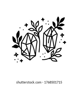 Hand drawn crystal, leaf, and rose flower element. Floral line art for feminine logo, icon, business card, wedding invitation, or decoration