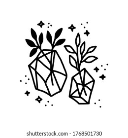 Hand drawn crystal, leaf, and rose flower element. Floral line art for feminine logo, icon, business card, wedding invitation, or decoration