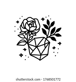 Hand drawn crystal, leaf, and rose flower element. Floral line art for feminine logo, icon, business card, wedding invitation, or decoration