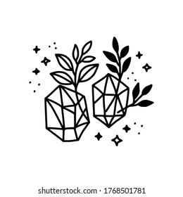 Cristal dibujado a mano, hoja y flor rosa. Arte de línea floral para logotipo femenino, icono, tarjeta de visita, invitación a la boda o decoración