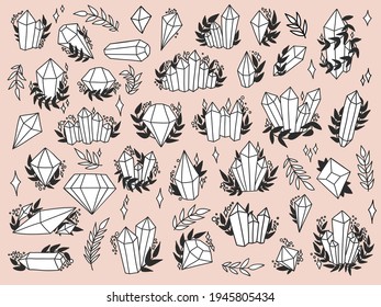 Hand drawn crystal set. Collection of magic elements. Witchcraft design fo stickers. Vector black and white illustration on white backgound.