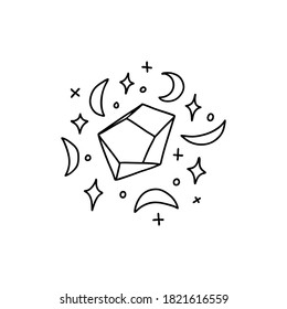 Hand drawn crystal surrounded by celestial bodies. Doodle semi-precious stone, stars, magic isolated. Vector stock illustration.