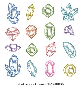 Hand drawn crystals graphic set. Trendy design elements for prints, posters, labels, emblems and other decoration needs. Vector vintage illustration.