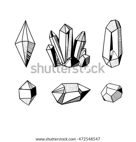 hand drawn crystals set, black and white vector illustration with crystals and gems and minerals