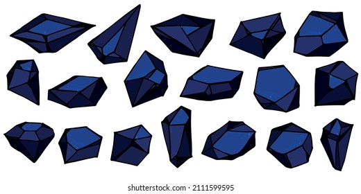 Hand drawn crystals set. Geometric gems diamonds vector illustrations collection. Colorful shard of glasspiece of gold. For geology, jewelry store, decoration, game, web.
