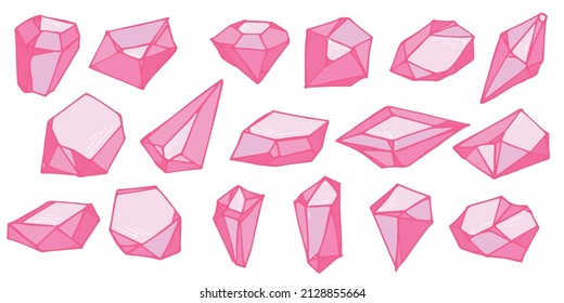 Hand drawn crystals set. Geometric gems diamonds vector illustrations collection. Colorful shard of glass. For geology, jewelry store, decoration, game, web.