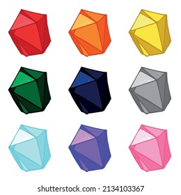 Se ponen cristales dibujados a mano. Colección de ilustraciones vectoriales de diamantes de gemas geométricas. Un fragmento de vidrio colorido. Para geología, joyería, decoración, juego, web.