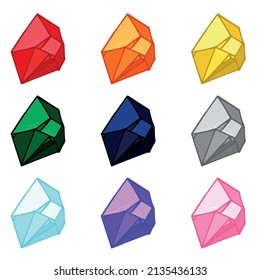 Hand drawn crystals set. Geometric gems diamonds vector illustrations collection. Colorful shard of glass. For geology, jewelry store, decoration, game, web.