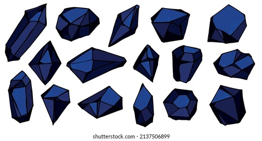 Hand drawn crystals set. Geometric gems diamonds vector illustrations collection. Colorful shard of glass. For geology, jewelry store, decoration, game, web.