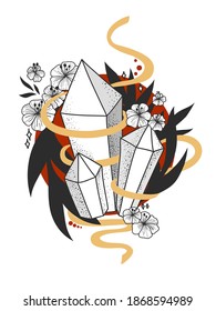 Hand drawn crystals vector illustration. Stars, constellations,  crystals. Hand drawn astrology symbol. For print for T-shirts and bags, decor element. Mystical and magical, astrology illustration