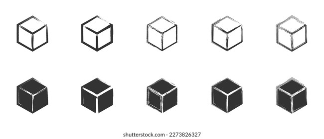 Hand drawn cube iset. Cube icon in grunge style. Vector illustration.